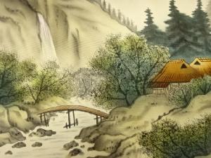 アンティーク　作家物　塩瀬　手描き　田舎風景模様名古屋帯